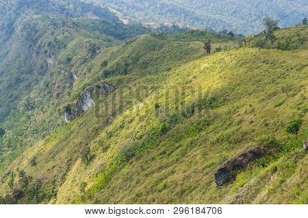 Green Landscape Mountain With Meadow Sky And Cloud At Phu Chi Fa Forest Park Thailand Wide Zoom. Lan