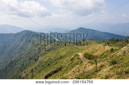 Landscape Mountain With Meadow Sky And Cloud At Phu Chi Fa Forest Park Thailand. Landscape Phu Chi F