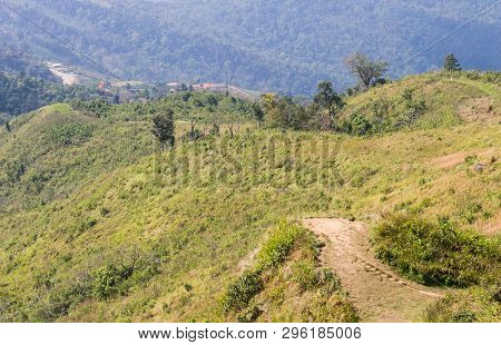Landscape Mountain With Meadow Sky And Cloud At Phu Chi Fa Forest Park Thailand Zoom. Landscape Phu 