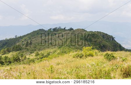 Meadow Mountain On Phu Chi Fa Forest Park With Sky And Cloud Zoom. Landscape Phu Chi Fa Forest Park 