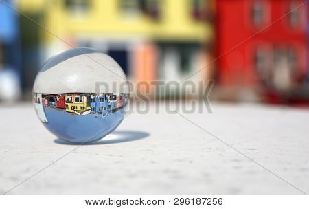 Perfect Crystal Glass Sphere On Burano Island Near Venice In Italy Famous Travel Destination With Pa