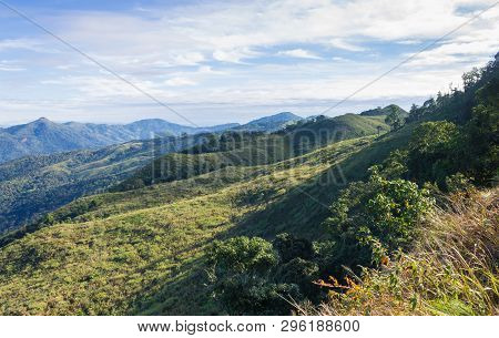 3 Green Tree Mountain With Warm Sun Light And Blue Sky Cloud At Phu Langka National Park Normal. Gre