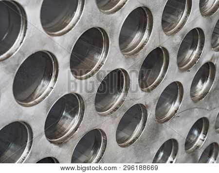 Detail Of Industrial Heat Exchanger, A Shell And Tube Condenser, Made From Stainless Steel.