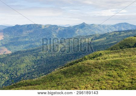 3 Green Tree Mountain With Warm Sun Light And Blue Sky Cloud At Phu Langka National Park Zoom. Green