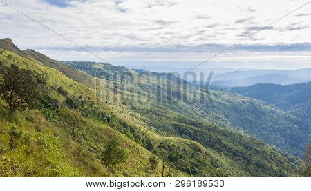Green Mountain With Sky And Cloud At Phu Langka National Park Phayao Thailand. Landscape Mountain Or