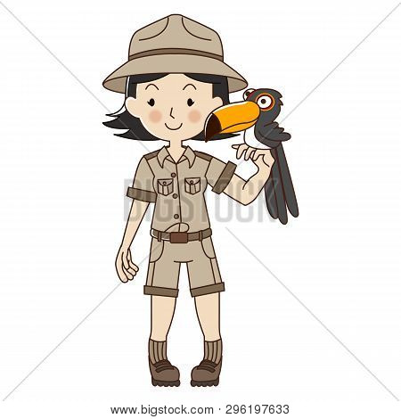 Zookeeper Woman With Toucan,cute Zoo Keeper In Brown Uniform.