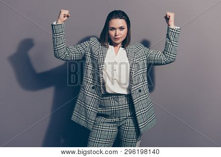 Photo Portrait Of Confident Attractive Authoritative Looking At Camera Holding Demonstrating Huge Mu