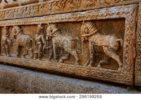 Soldiers With Horses Sculpture At The Vittala Temple, Hampi, Karnataka, India