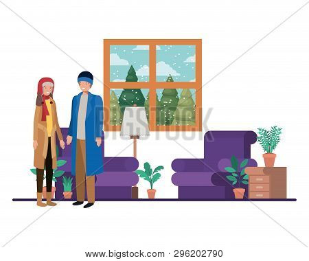 Couple Living Room With View The Landscape By Window Vector Illustration Desing
