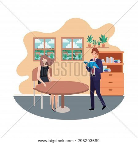 Couple Business In The Room With View The Landscape Vector Illustration Desing