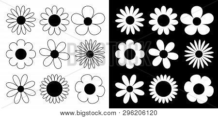 Camomile Big Set. Daisy Chamomile Line Silhouette Icon. Camomile Big Set. Cute Round Flower Head Pla