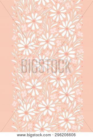 Monochrome Hand-painted Daisies And Foliage On Peach Pink Background Vertical Vector Seamless Border