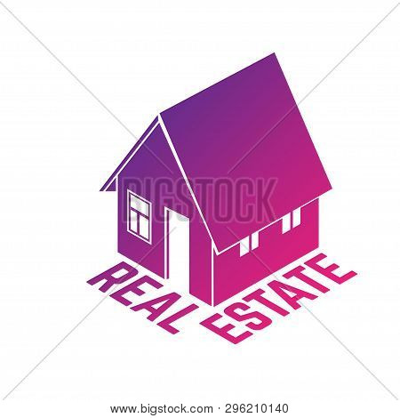 Isometric House Silhouette In Bright Red And Violet Gradient Isolated On White Background. Real Esta