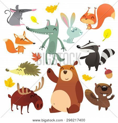 Cartoon Forest Animals. Wild Cartoon Cute Animals Set. Flat Vector Illustration Design. Squirrel, Mo