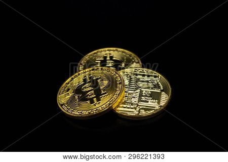 Golden Bitcoin On A Black Background, Money