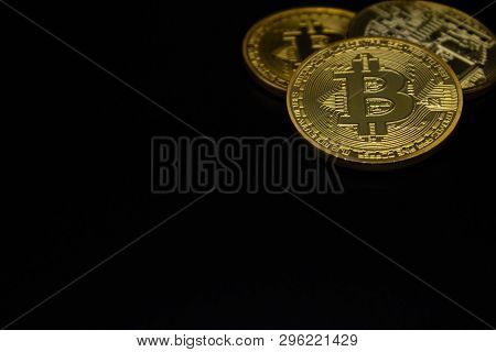 Golden Bitcoin On A Black Background, Money