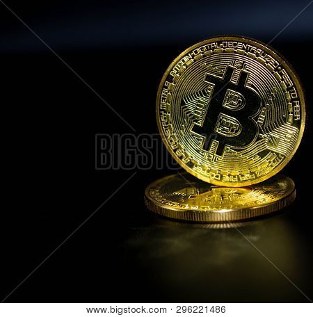 Golden Bitcoin On A Black Background, Money