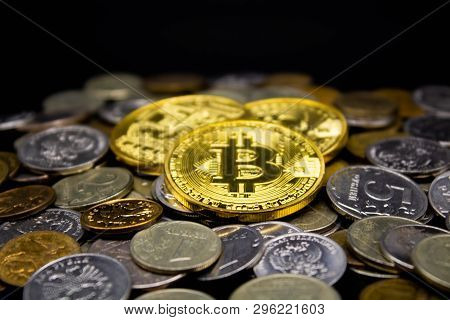 Golden Bitcoin On A Black Background, Money