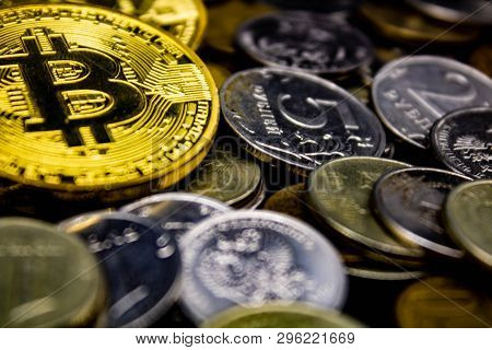 Golden Bitcoin On A Black Background, Money