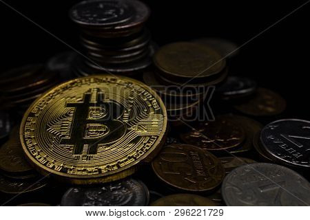 Golden Bitcoin On A Black Background, Money