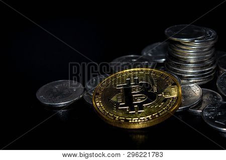 Golden Bitcoin On A Black Background, Money
