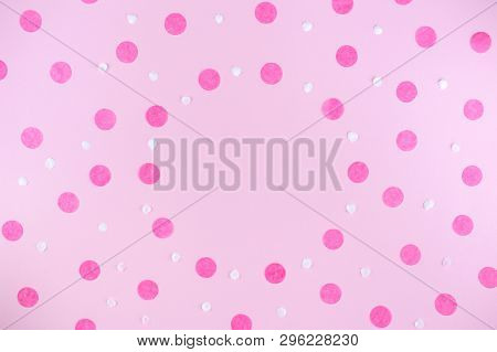 Pink Background With Pink Round Confetti. Festive Background For Your Design. Flat Lay Style.