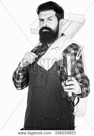 Welcome To My Bbq. Confident Grill Cook. Bearded Man Holding Grilling Basket And Tools For Barbecue.