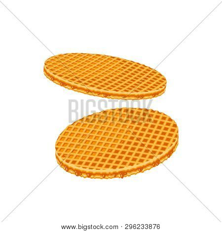 Round Waffles Filling With Caramel. Vector Illustration Cartoon Flat Icon Isolated On White.