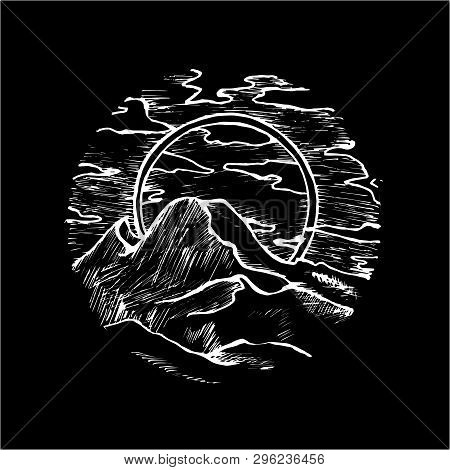 Illustration With Beautiful Mountain, Clouds, Sun. Psychedelic Tattoo. Chalk On A Blackboard.