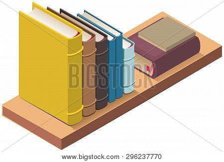 Bookshelf And Several Hardcover Books. 3d Vector Isometric Illustration