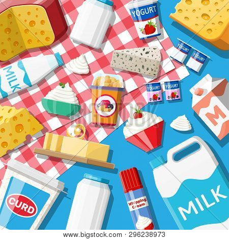 Dairy Products Set. Collection Of Milk Food. Milk, Cheese, Yogurt, Butter, Sour Cream, Cottage, Crea