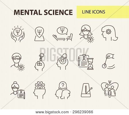 Mental Science Line Icon Set. Patient, Psychologist, Brain Work. Psychology Concept. Can Be Used For