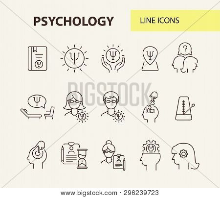 Psychology Line Icon Set. Man, Woman, Head, Gear. Mental Science Concept. Can Be Used For Topics Lik