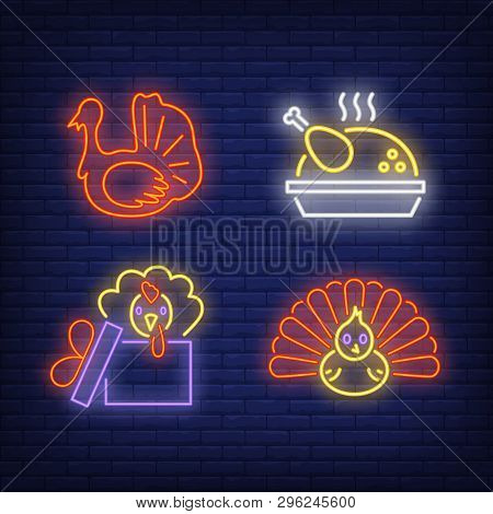 Thanksgiving Turkey Neon Sign Set. Meal, Bird, Poultry, Gift. Colorful Billboard, Bright Banner. Vec