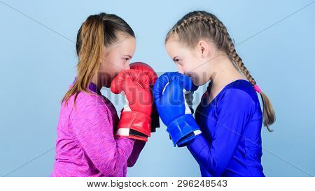 Female Friendship. Girls In Boxing Sport. Boxer Children In Boxing Gloves. Girls Cute Boxers On Blue