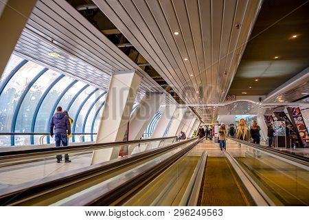 Moscow, Russia - January 2017: Moving Walkway Inside The Pedestrian Covered Bridge Bagration