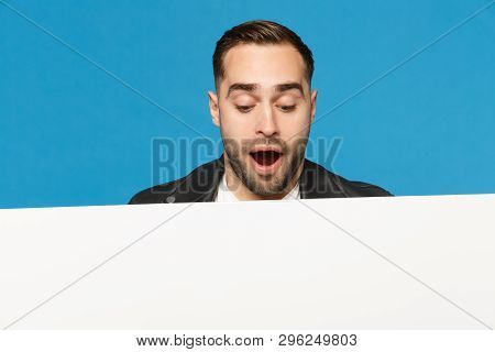 Fun Young Bearded Man Look Out Big White Empty Blank Billboard For Promotional Content Isolated On B