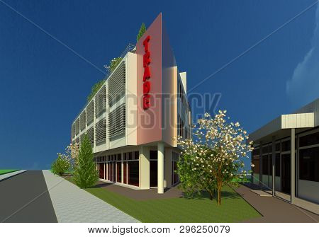 Comercial Building Architectural Model 3d Illustration 2. Suoth East View, Green Area, Perspective. 