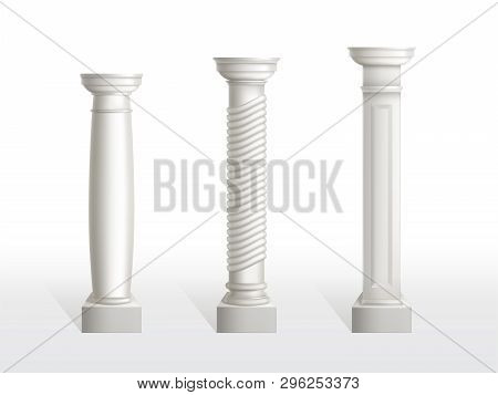 Ancient Columns Set Isolated On White Background. Antique Classic Stone Ornate Pillars Of Roman Or G