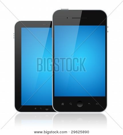 Moderní mobilní telefony s modrou obrazovkou izolované