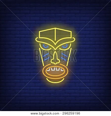 Angry Tiki Idol Neon Sign. Tribal Mask, Ancient Culture Design. Night Bright Neon Sign, Colorful Bil