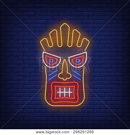 Bright Tiki Idol Neon Sign. Tribal Mask, Ancient Culture Design. Night Bright Neon Sign, Colorful Bi