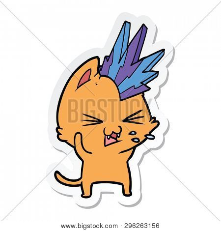 sticker of a cartoon punk rock cat hissing