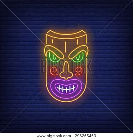 Wooden Tribal Mask Neon Sign. Tiki Idol, Ancient Culture Design. Night Bright Neon Sign, Colorful Bi