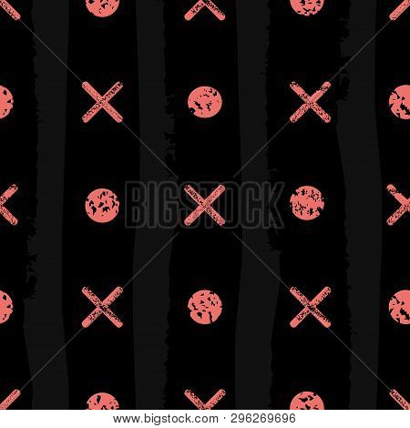 Coral Noughts And Crosses With Varied Grunge Texture. Seamless Geometric Vector Pattern On Black Bac