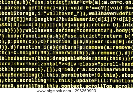 Javascript Code In Text Editor. Coding Cyberspace Concept. Screen Of Web Developing Code