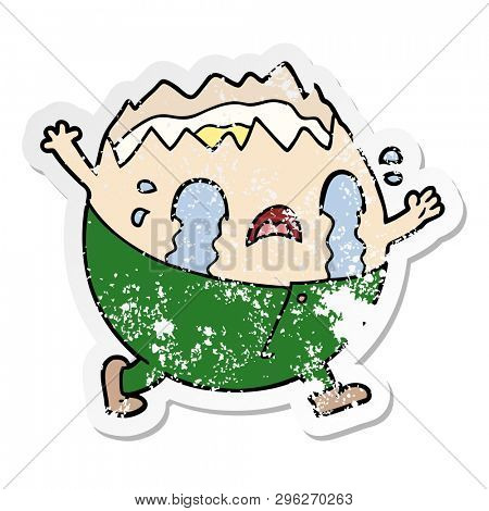 distressed sticker of a humpty dumpty cartoon egg man crying
