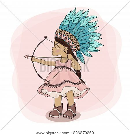 Pocahontas Hunt American Native Red Skinned Indian Princess Vector Illustration Set For Print Fabric