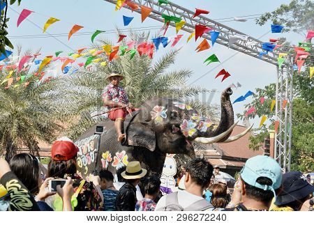 Ayutthaya Thailand April 14, 2019 : Elephant Splashing Water Between Tourist In Songkarn Festival