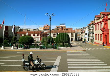 Plaza De Armaz, The Main Square Of Puno Town With Many People, Peru, South America, 29th April 2018